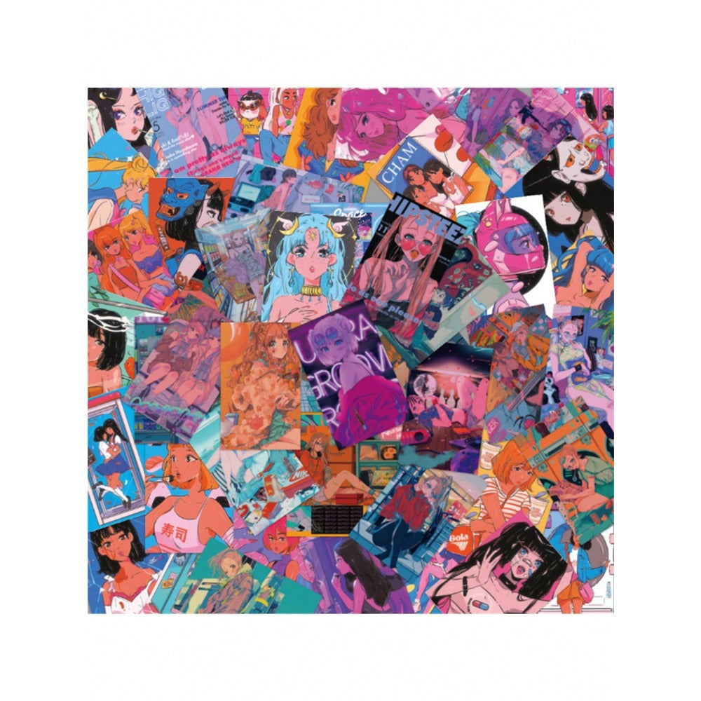 50PCS Showa Era Retro Girl Stickers, Nostalgic Japanese Cute Cartoon Doodles for a Vintage Daily Life Vibe