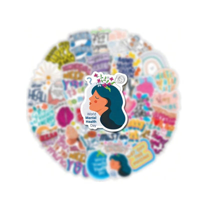 50PCS Cartoon Mental Health Text Doodle Stickers Exquisite Creative Fashion DIY Journal Decorative Decals Suitable for Helmets, Water Bottles, Guitars, Skateboards, and Stationery Cases