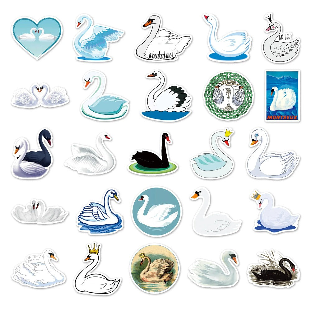 50PCS Swan Doodle Stickers, Elegant Cartoon Bird Vinyl Decals for Laptop, Journal, Water Bottle