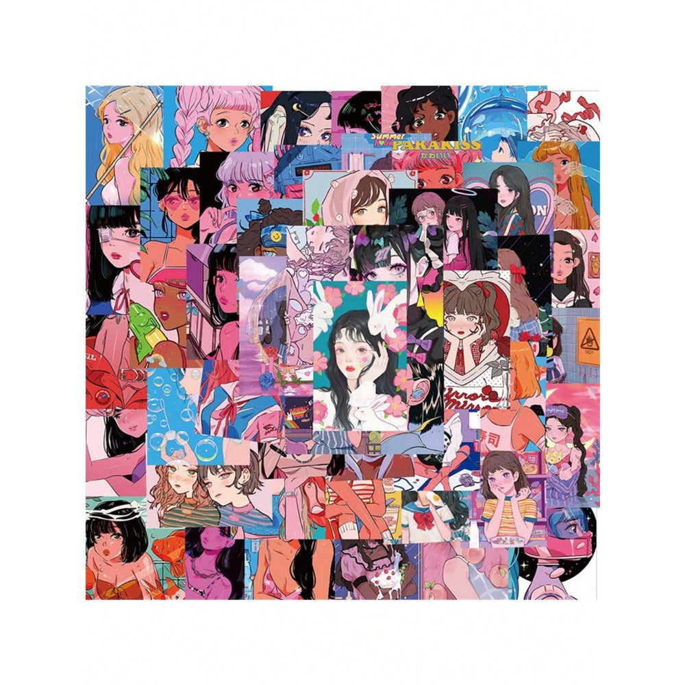 50PCS Showa Era Retro Girl Stickers, Nostalgic Japanese Cute Cartoon Doodles for a Vintage Daily Life Vibe