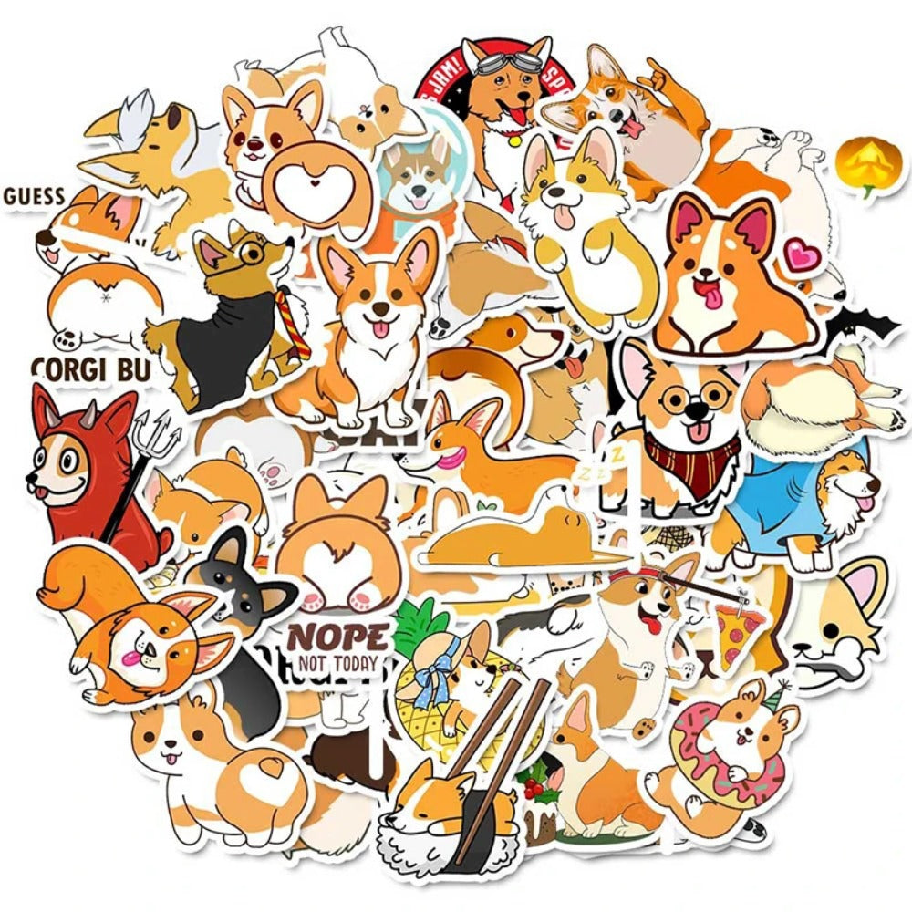 50PCS Cute Cartoon Corgi Puppy Animal Doodle Stickers Exquisite Fashion Creative DIY Journal Decorative Decals Suitable for Mugs, Helmets, Skateboards, Guitars, and Stationery Boxes