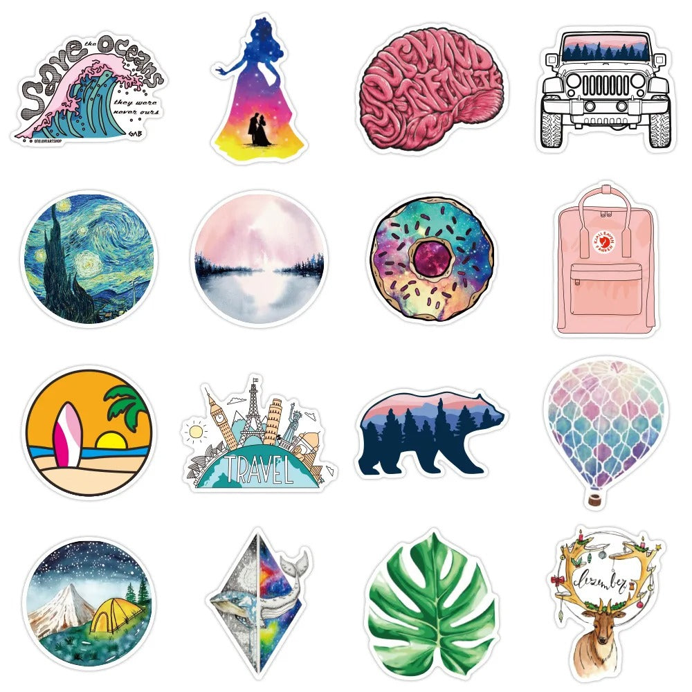 50PCS Summer Fresh Diverse Graffiti Stickers - Exquisite Fashionable Creative DIY Journal Decor Decals for Water Bottles, Helmets, Skateboards, and Stationery Cases