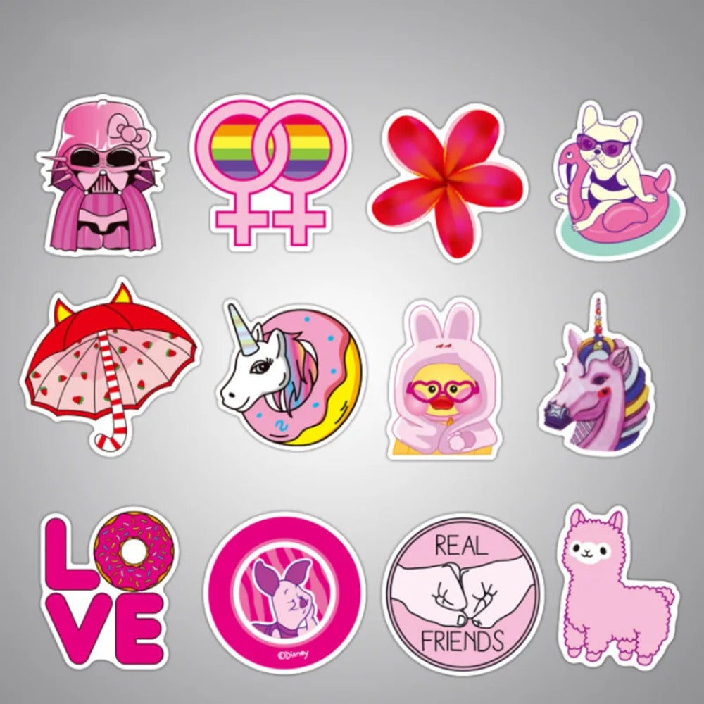 50PCS Pink Girly Artsy Cartoon Cute Doodle Stickers for Guitar, Water Bottle, Skateboard, Fridge, Stationery Box, Desktop Decorative Decals
