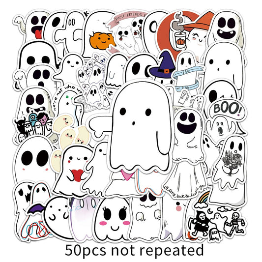 50PCS Cartoon Halloween Spooky Cute Ghost Doodle Stickers for Laptops, Guitars, Skateboards - Stylish Popular Toy Decals