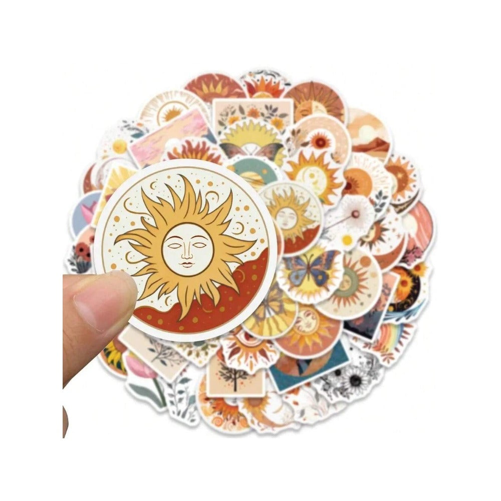 50PCS Cartoon Bohemian Sunflower and Cat Doodle Stickers Exquisite and Stylish DIY Journal Decorative Decals Suitable for Skateboards, Guitars, Helmets, Water Bottles, and Stationery Cases