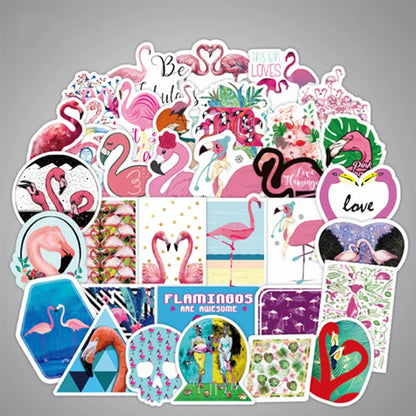 50PCS Cartoon Flamingo Adorable Doodle Stickers for Suitcases, Travel, Computers, Skateboards, Water Bottles, Stationery Boxes, and Creative Journaling