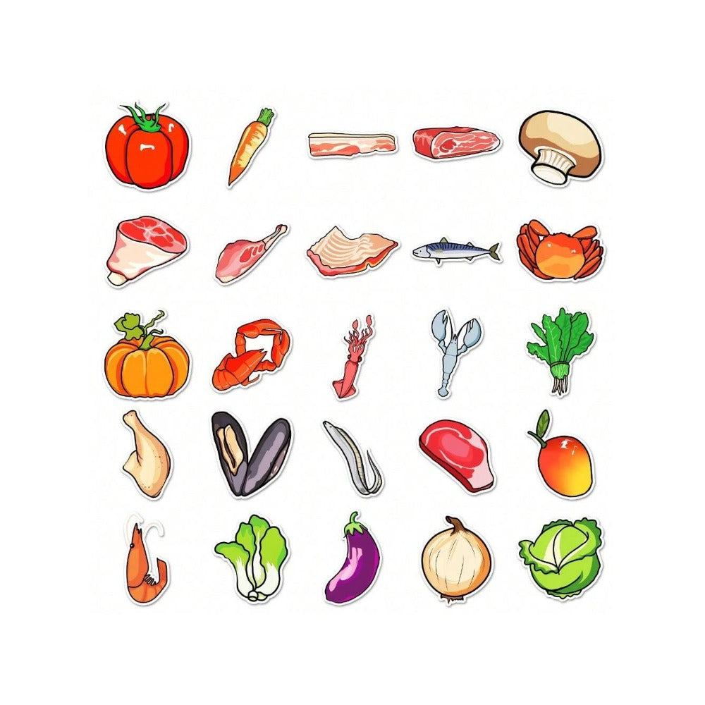 50PCS Cartoon Food Doodle Stickers - Exquisite Creative DIY Decorative Decals for Skateboards, Guitars, Laptops, Stationery Boxes, and Desktops