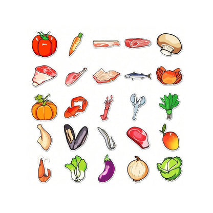 50PCS Cartoon Food Doodle Stickers - Exquisite Creative DIY Decorative Decals for Skateboards, Guitars, Laptops, Stationery Boxes, and Desktops