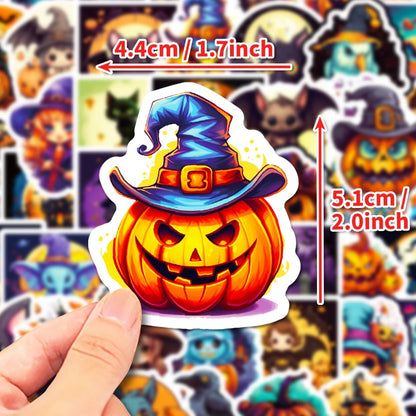 50PCS Cartoon Halloween Trick-or-Treat Pumpkin Doodle Stickers Exquisite, Stylish, Creative DIY Holiday Journal Decorations Suitable for Skateboards, Guitars, Laptops, Helmets, and Stationery Boxes