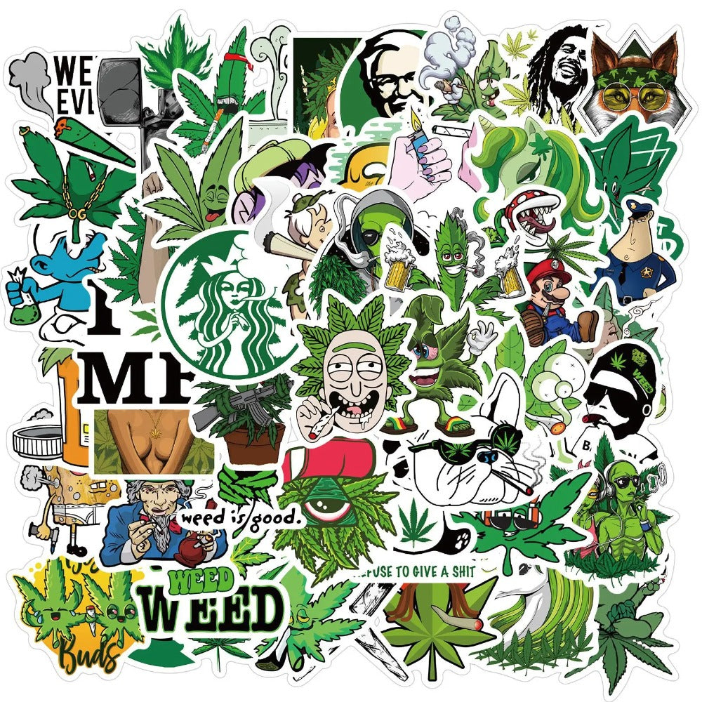50PCS Plant Leaf Hemp Leaf Doodle Stickers for Suitcases, Laptops, Luggage, Skateboards, Water Bottles, Stationery Boxes, and Desktop Decor