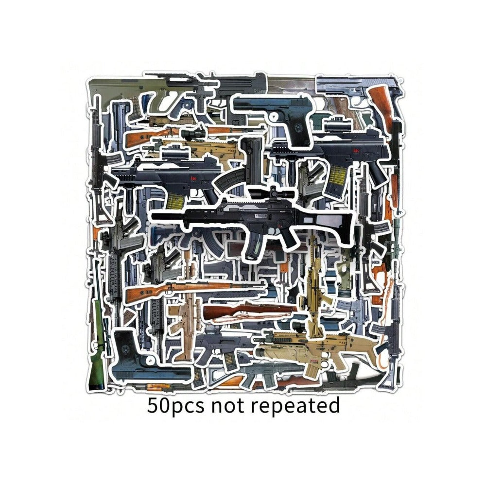 50PCS Military-Style Gun Graffiti Stickers - Exquisite Creative Decorations DIY Decorative Stickers for Notebooks Suitable for Phone Cases, Helmets, Computers, Water Bottles, Desktops, and Stationery Boxes