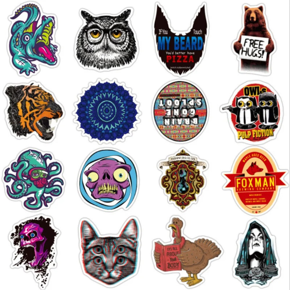 50PCS Black Classic Cartoon Doodle Stickers for Suitcases, Guitars, Skateboards, Water Bottles, Stationery Boxes, and Desktop Decor