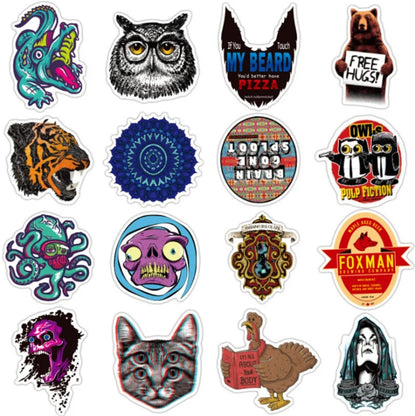 50PCS Black Classic Cartoon Doodle Stickers for Suitcases, Guitars, Skateboards, Water Bottles, Stationery Boxes, and Desktop Decor