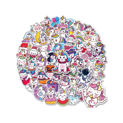 50PCS Unicorn Cartoon Doodle Stickers For decorating refrigerators, skateboards, water bottles, helmets, pencil cases, and creative bullet journals