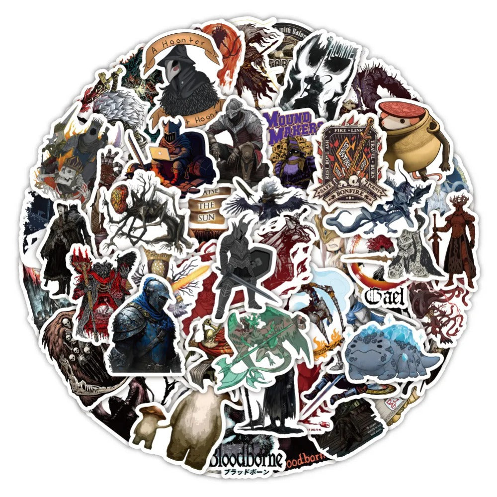 50PCS Dark Souls Inspired Cartoon Stickers - Gothic Fantasy & Boss Battle Doodle Decals for Gaming Journals, Difficulty Aesthetics, Death Count Trackers & Soulsborne Fan Art Projects