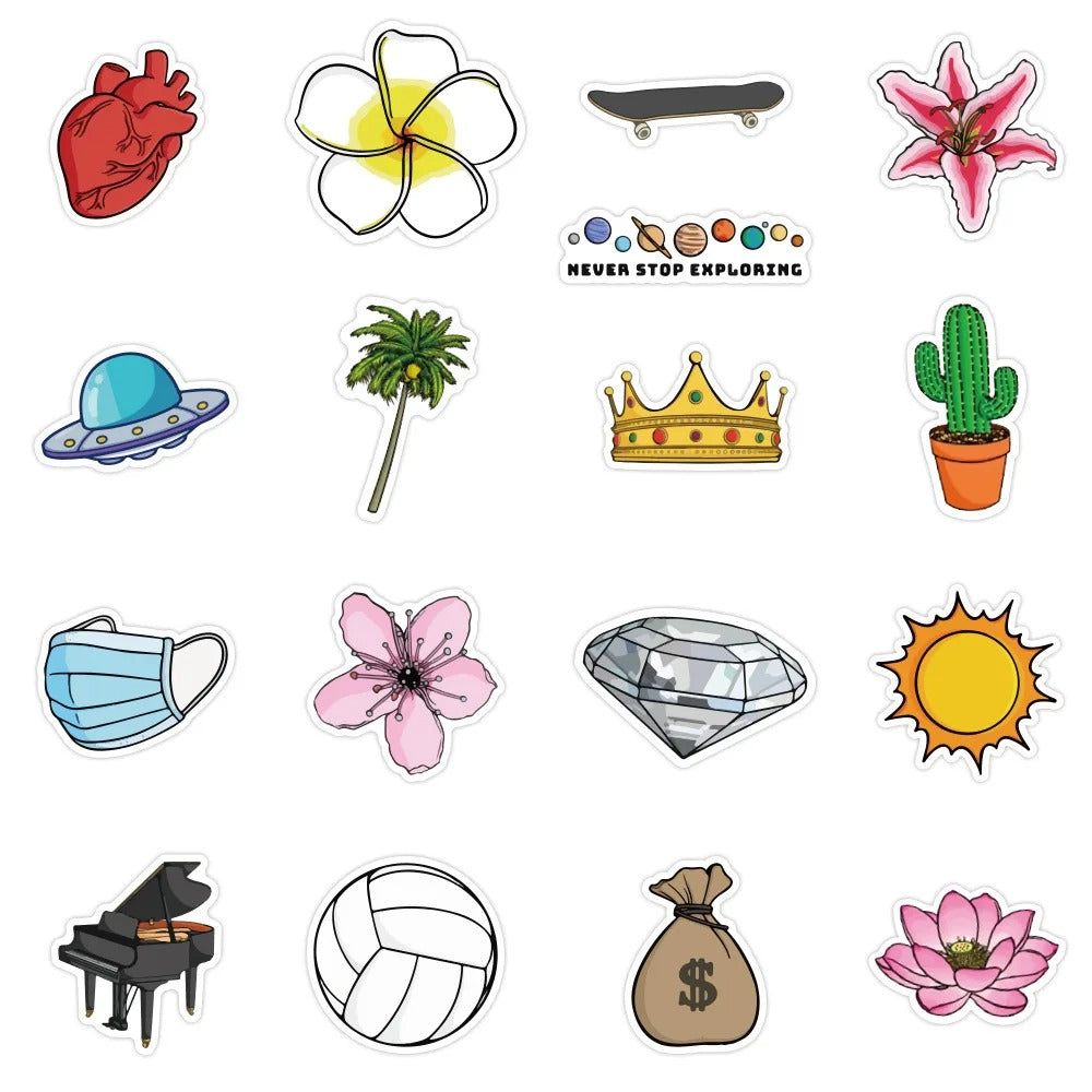 50-piece set of cartoon-style cheerful smiley plant doodle stickers Suitable for water bottles, helmets, luggage, laptops, skateboards, pencil cases, and desktop decorations