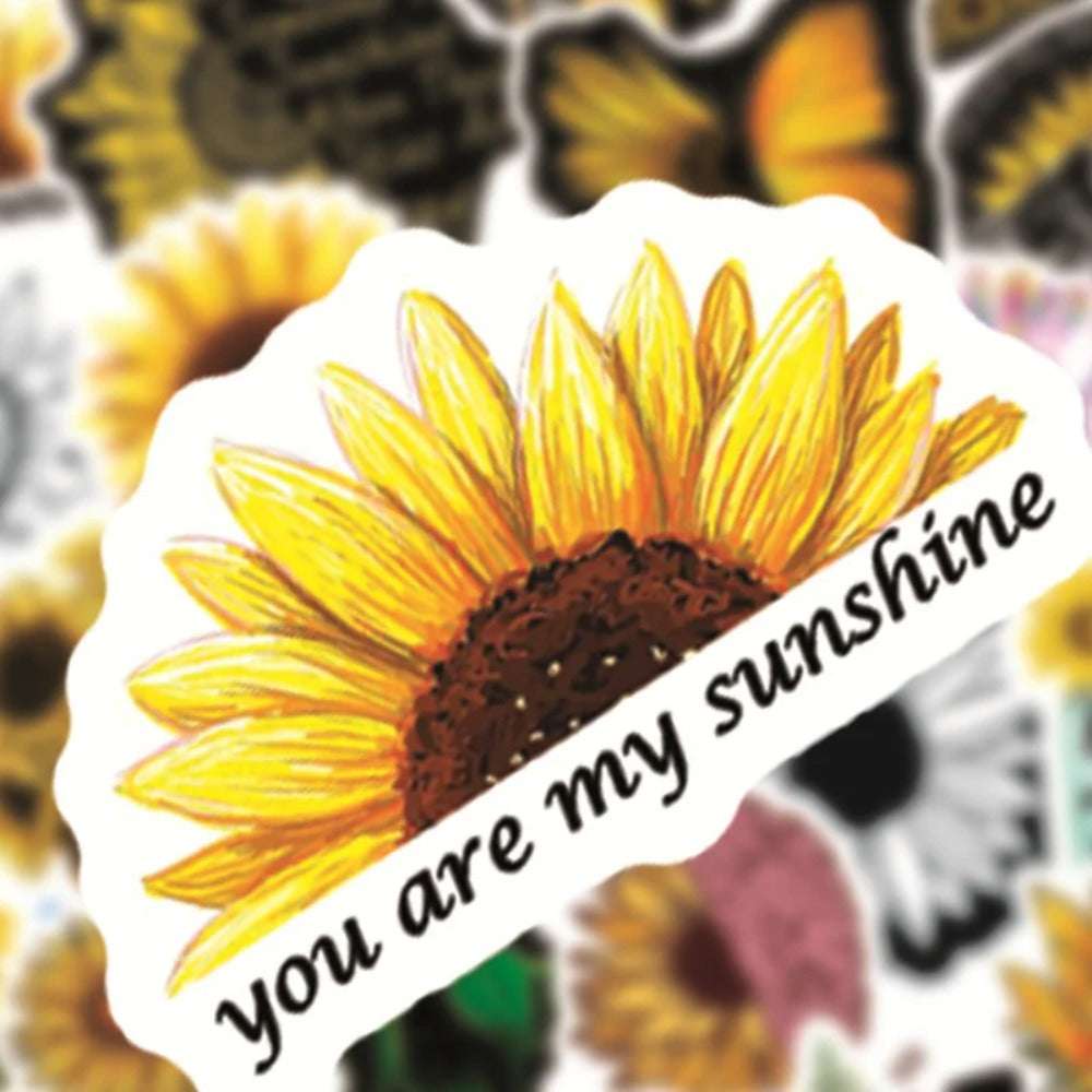 50PCS Cartoon Sunflower “You Are My Sunshine” Doodle Stickers Perfect for Suitcases, Water Bottles, Skateboards, Refrigerators, Stationery Boxes Exquisite DIY Desktop Decor Decals