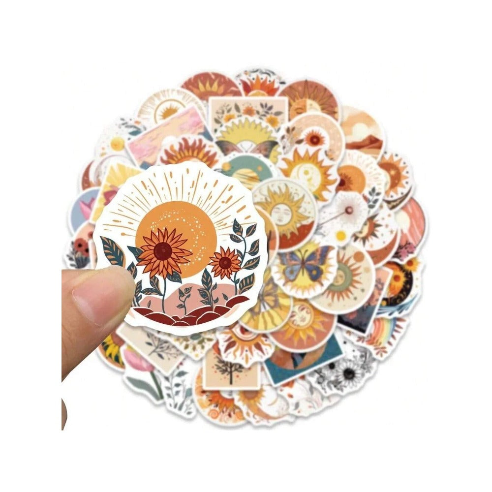 50PCS Cartoon Bohemian Sunflower and Cat Doodle Stickers Exquisite and Stylish DIY Journal Decorative Decals Suitable for Skateboards, Guitars, Helmets, Water Bottles, and Stationery Cases