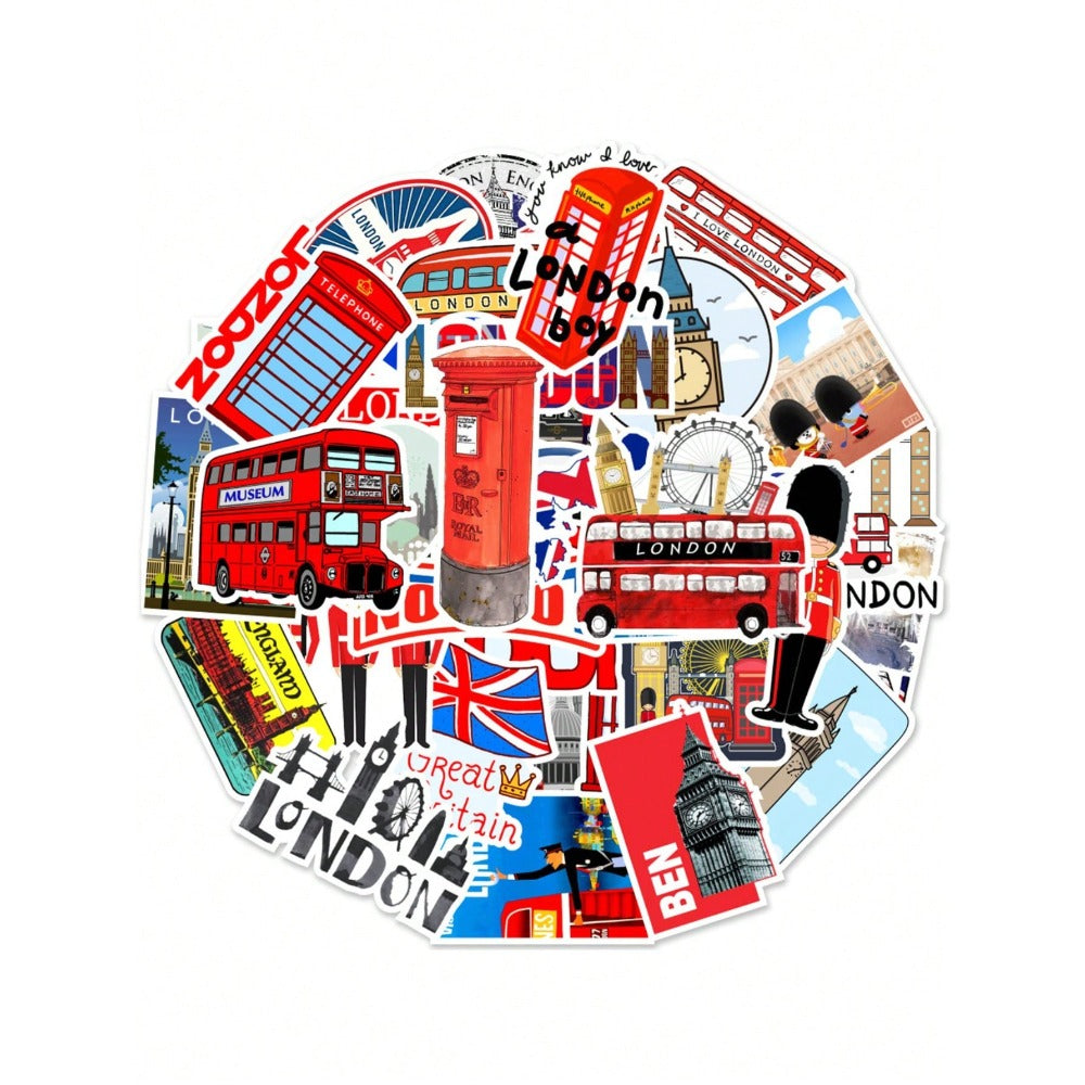 50PCS Classic Red Bus Phone Booth Graffiti Stickers, London UK, Red Design for Laptop, Trunk, Stationery Box, Desktop Decor Decals