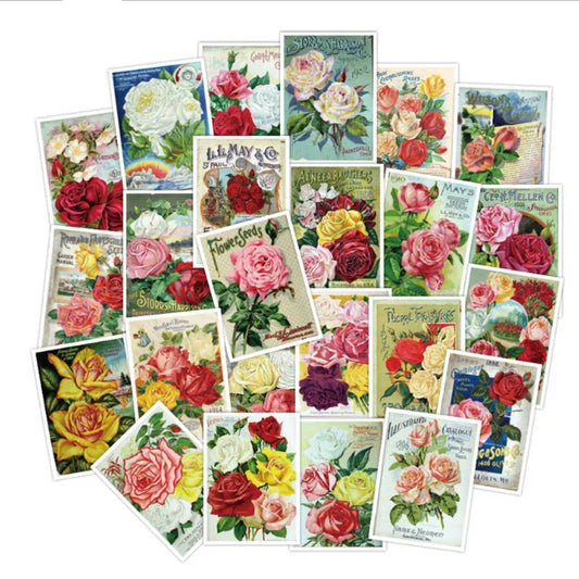 50PCS Classic Vintage Floral Rose Doodle Stickers for Notebooks, Suitcases, Skateboards, Guitars, Water Bottles, Stationery Boxes and Creative Desktop Decor