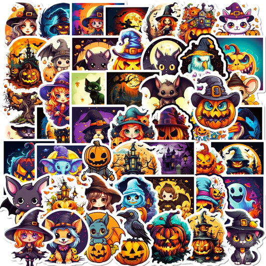 50PCS Cartoon Halloween Trick-or-Treat Pumpkin Doodle Stickers Exquisite, Stylish, Creative DIY Holiday Journal Decorations Suitable for Skateboards, Guitars, Laptops, Helmets, and Stationery Boxes